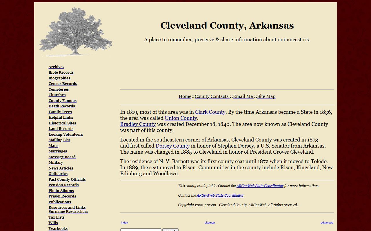 Cleveland County ARGenWeb genealogy records page