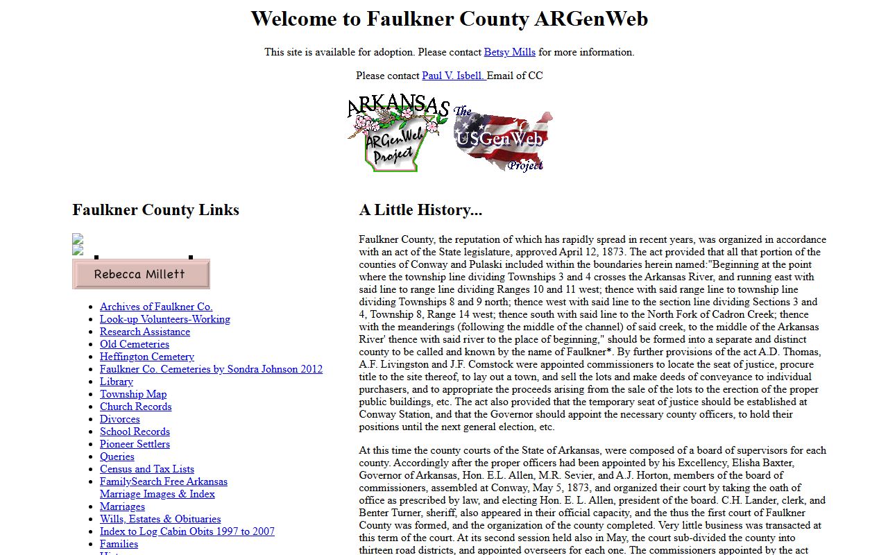 Faulkner County ARGenWeb genealogy records page