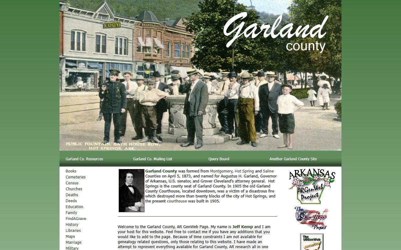 Garland County ARGenWeb genealogy records page