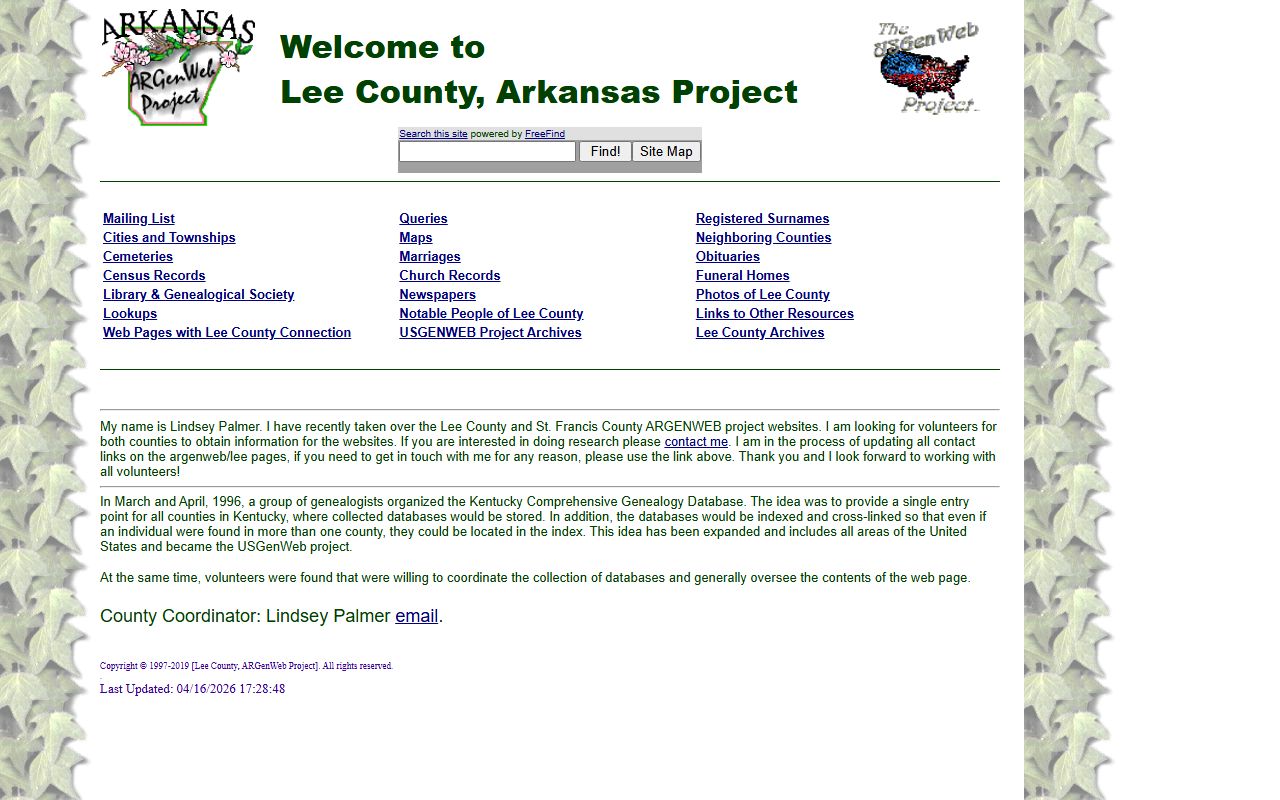 Lee County ARGenWeb genealogy records page