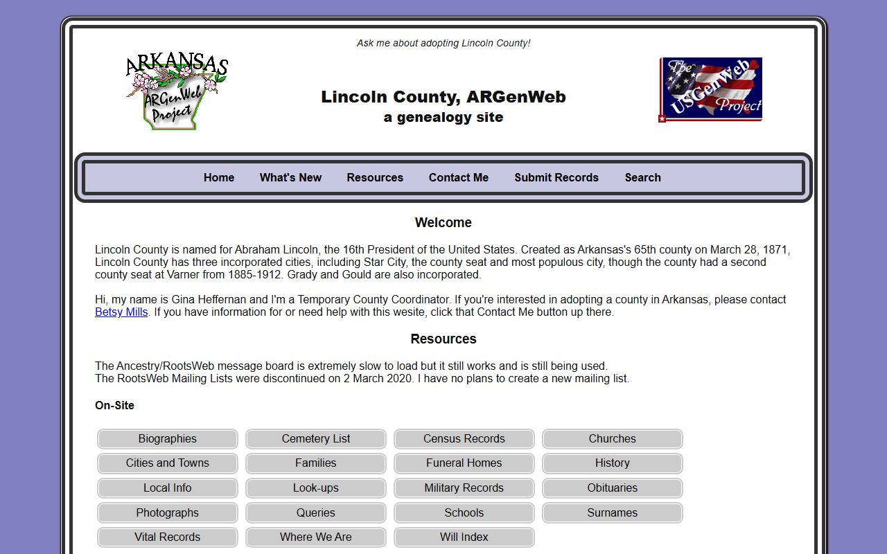 Lincoln County ARGenWeb genealogy records page