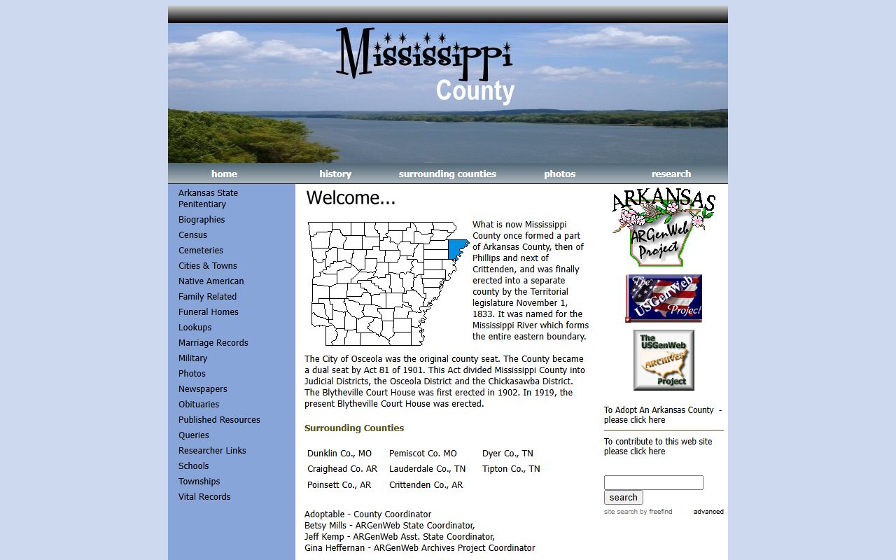 Mississippi County ARGenWeb genealogy records page