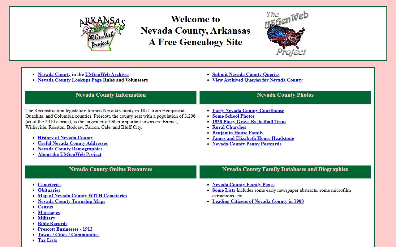 Nevada County ARGenWeb genealogy records page