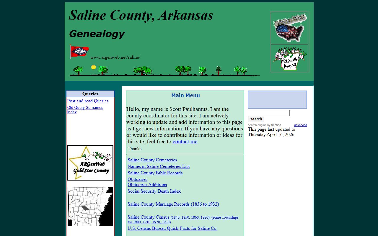 Saline County ARGenWeb genealogy records page