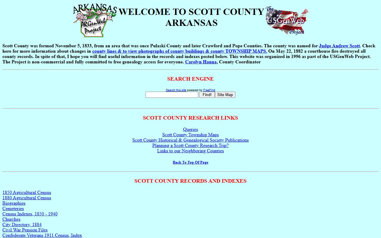 Scott County ARGenWeb genealogy records page