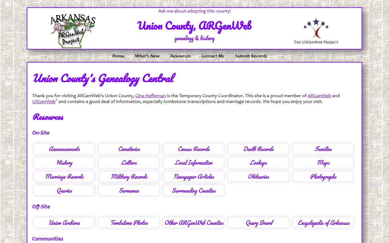 Union County ARGenWeb genealogy records page